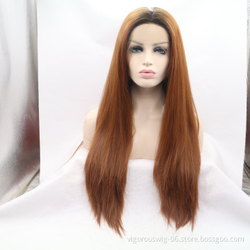 Silky Straight Wave Pre Plucked Ombre Brown Women Premium High Quality Suppier Heat Resistant Synthetic Wig 13x3 Lace Frontal
